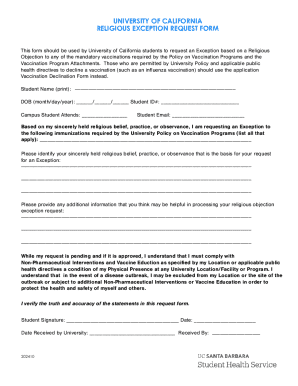 University of California Religious Exception Request Form