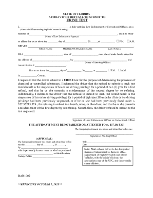 Florida Affidavit of Refusal to Submit to Urine Test