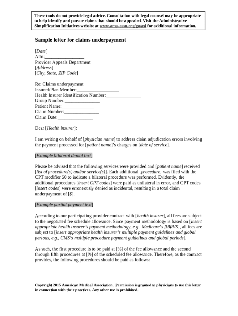 Sample Letter for Claims Underpayment Doc Template | pdfFiller