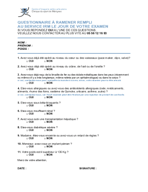 MRI Medical Questionnaire