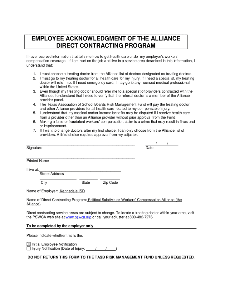 Employee Acknowledgment of Alliance Direct Contracting Program - Blank ...