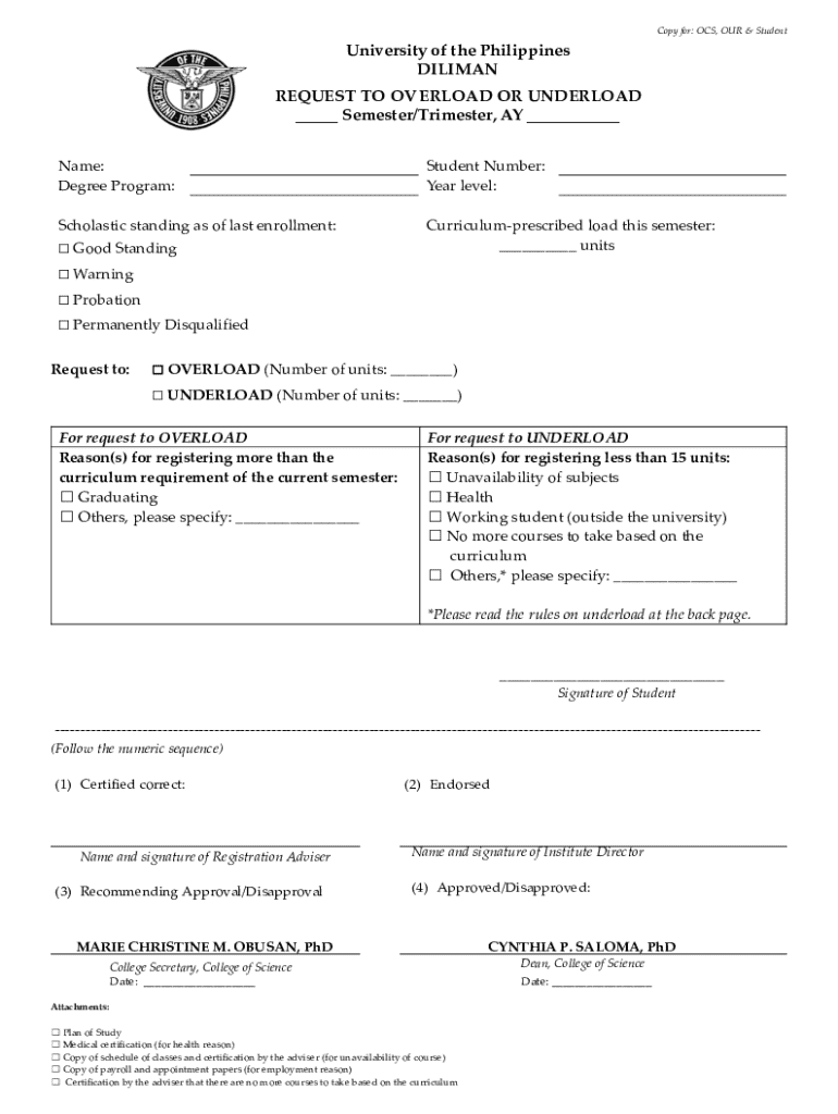 University of the Philippines Request to Overload or Underload - Blank ...