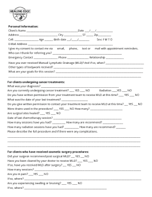 Manual Lymphatic Drainage Client Intake Form