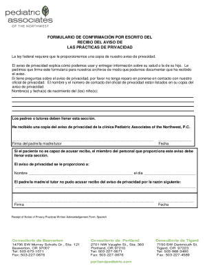 Privacy practices written acknowledgement form