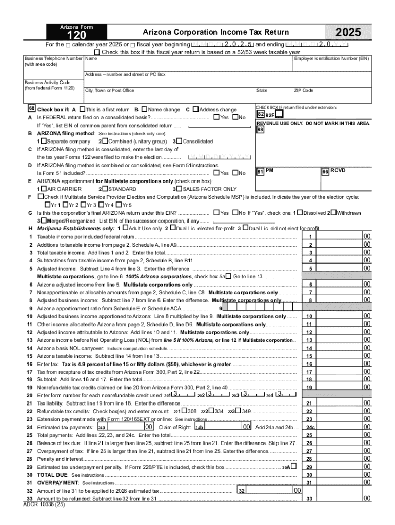Arizona Form 120 Corporation Income Tax Return 2025 Preview on Page 1