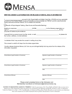 Written Consent for Release of Mental Health Information