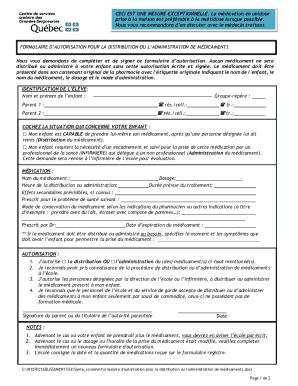 Formulaire d’autorisation pour la distribution ou l’administration de médicaments