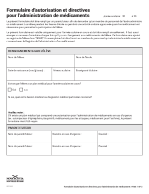 Formulaire d’autorisation et directives pour l’administration de médicaments