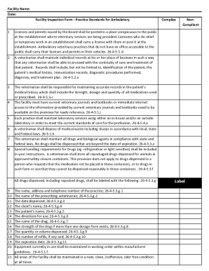 Facility Inspection Form - Veterinary Practice Standards