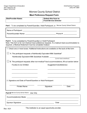 Oregon Meal Preference Request Form