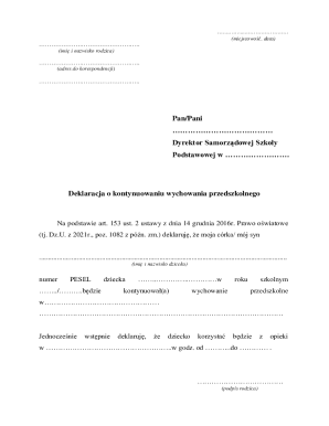 Deklaracja o kontynuowaniu wychowania przedszkolnego