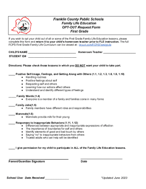 First Grade Family Life Education Opt-Out Form