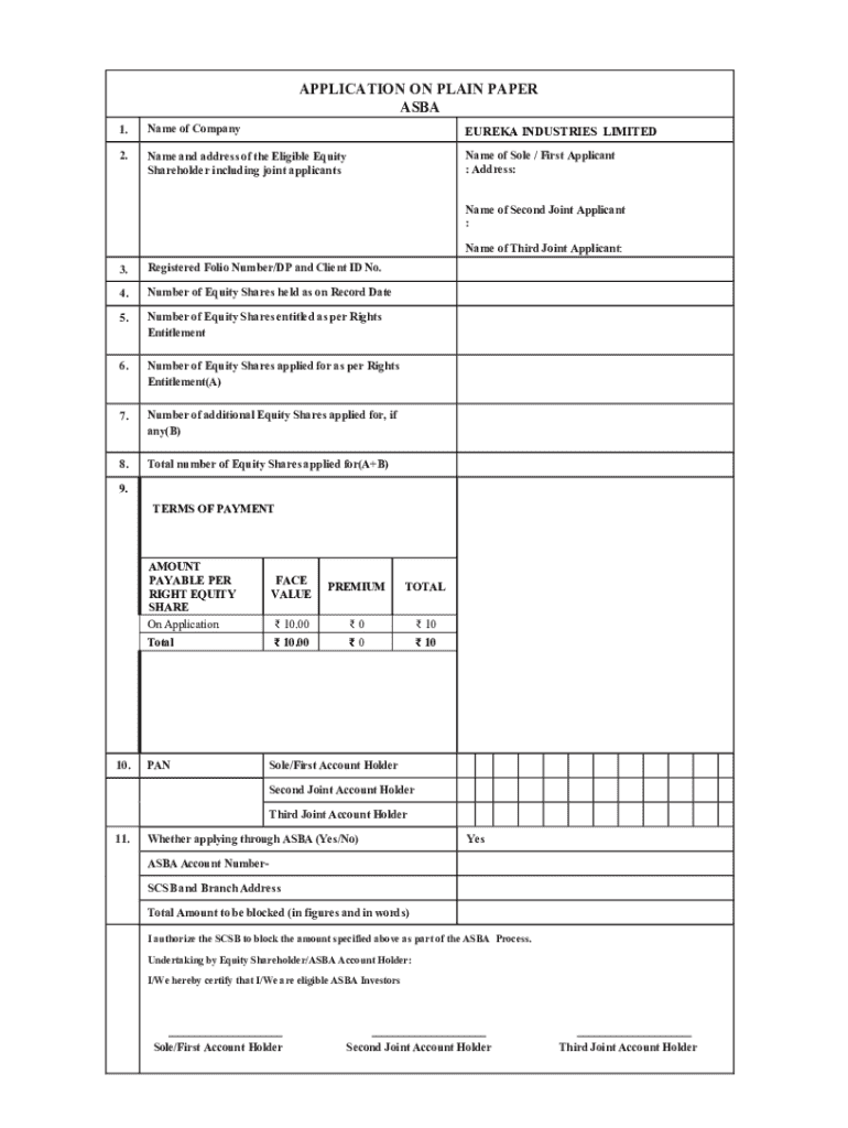 Fillable Online EUREKA INDUSTRIES LIMITED- PLAIN ASBA FORM 24.03.2025 ...