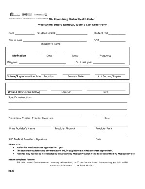 Bloomsburg Student Health Center Medication Order Form
