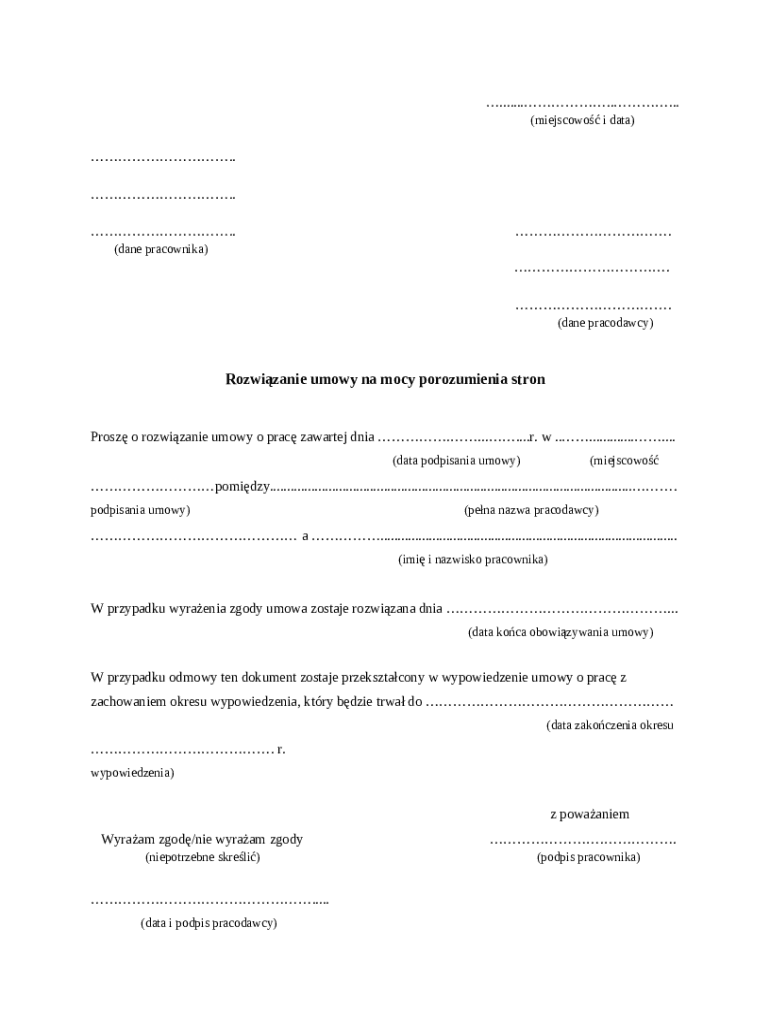 Polish Contract Example Polish Employment Contract Termination Agreement - Blank Fillable ...
