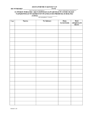 zestawienie faktur vat doczonych do wniosku o zwrot
