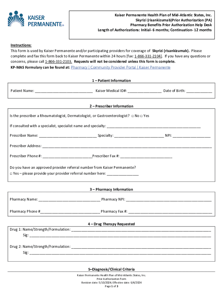 Kaiser Permanente Skyrizi Prior Authorization Form - Blank Fillable ...