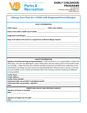 Allergy Care Plan for Child with Food Allergies