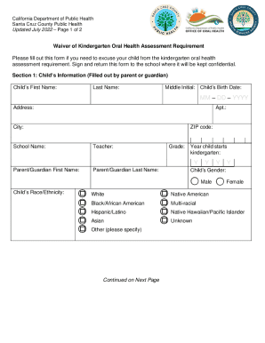 California Kindergarten Oral Health Waiver Form