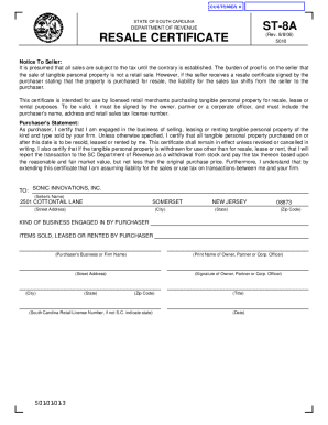 South Carolina Resale Certificate