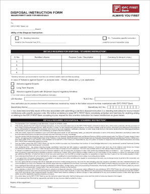 IDFC First Bank Disposal Instruction Form
