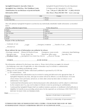 Springfield Hospital PHI Authorization Form