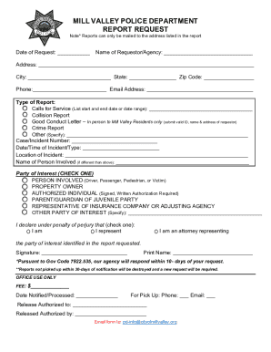 Mill Valley Police Department Report Request