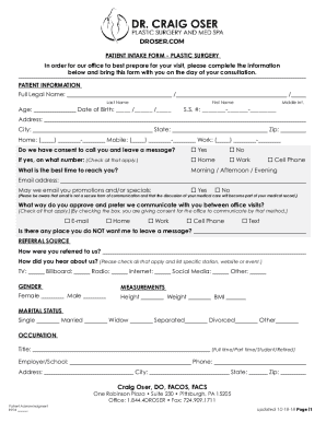 Patient Intake Form - Plastic Surgery