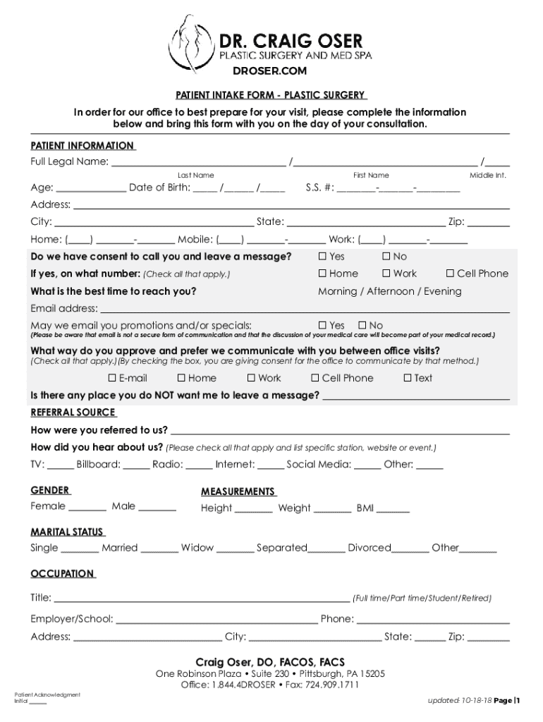 Fillable Online Plastic Surgery Patient Intake Form Word doc Fax Email ...