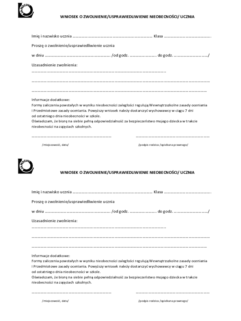 Student Absence Excuse Request Form - Blank Fillable Template | Fill ...