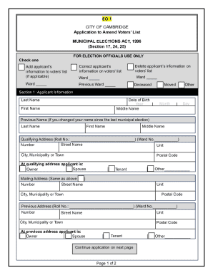 City of Cambridge Application to Amend Voters’ List