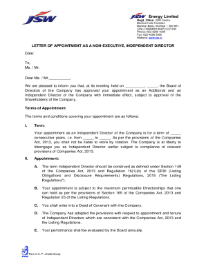 Letter of Appointment as Non-Executive Independent Director