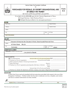 Vermont Sales Tax Exemption Certificate