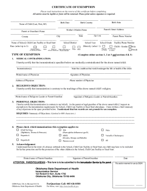 Oklahoma School Immunization Exemption Form