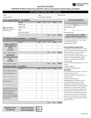 Associate in Arts Science Focus Transfer Degree Worksheet