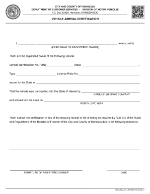 Hawaii Vehicle Arrival Certification