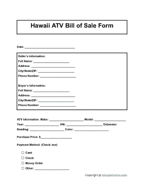 Hawaii ATV Bill of Sale Form