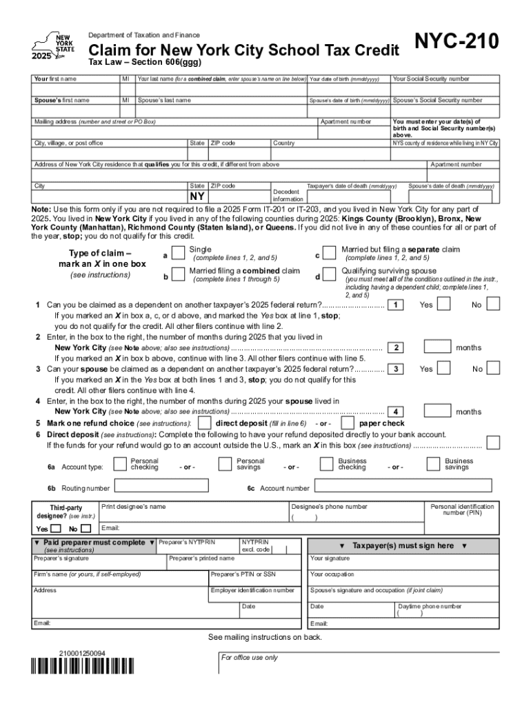 Form NYC-210 Claim for New York City School Tax Credit Tax Year 2025 Preview on Page 1