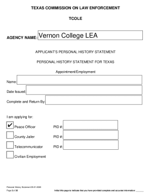 Texas TCOLE Personal History Statement