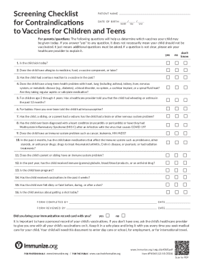 Vaccine Screening Checklist for Children and Teens