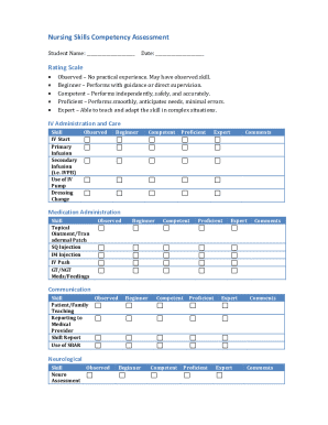Nursing Skills Competency Assessment Form