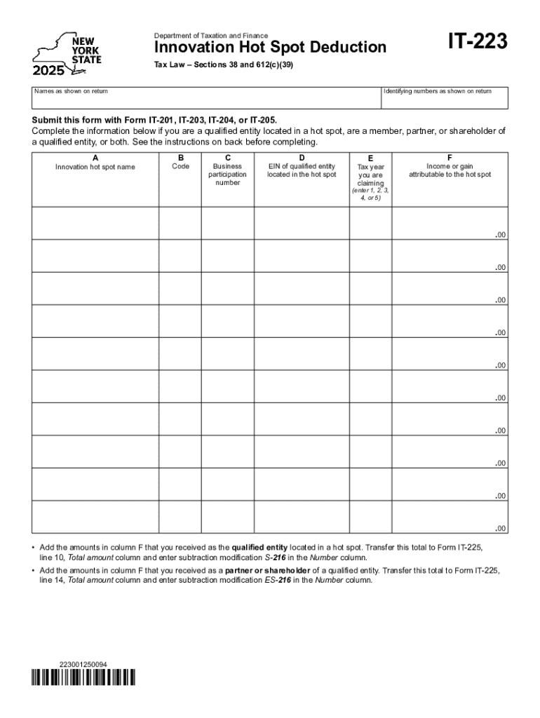 New York Innovation Hot Spot Deduction Form IT-223 Preview on Page 1
