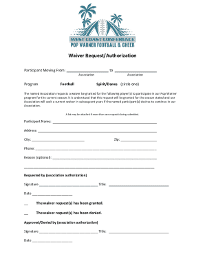 Pop Warner Waiver Request Form