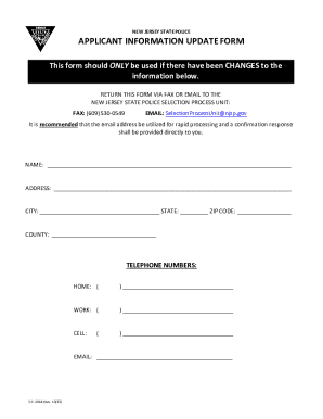 New Jersey State Police Applicant Information Update Form