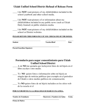 Ukiah Unified School District Refusal of Release Form