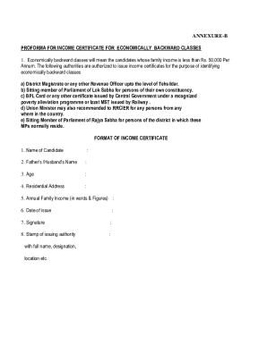 Income Certificate for Economically Backward Classes