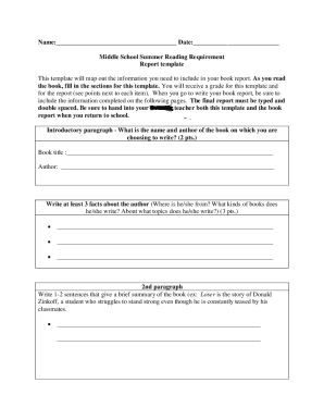 Middle School Summer Reading Report Template