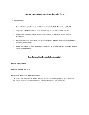 Subcontractors Insurance Questionnaire Form