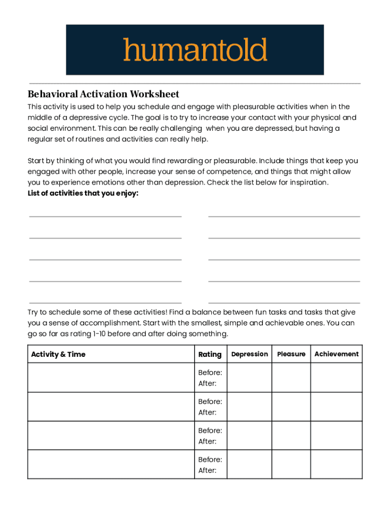 Behavioral Activation Worksheet - Blank Fillable Template | Fill Out ...