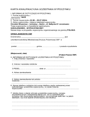 Karta Kwalifikacyjna Uczestnika Wypoczynku